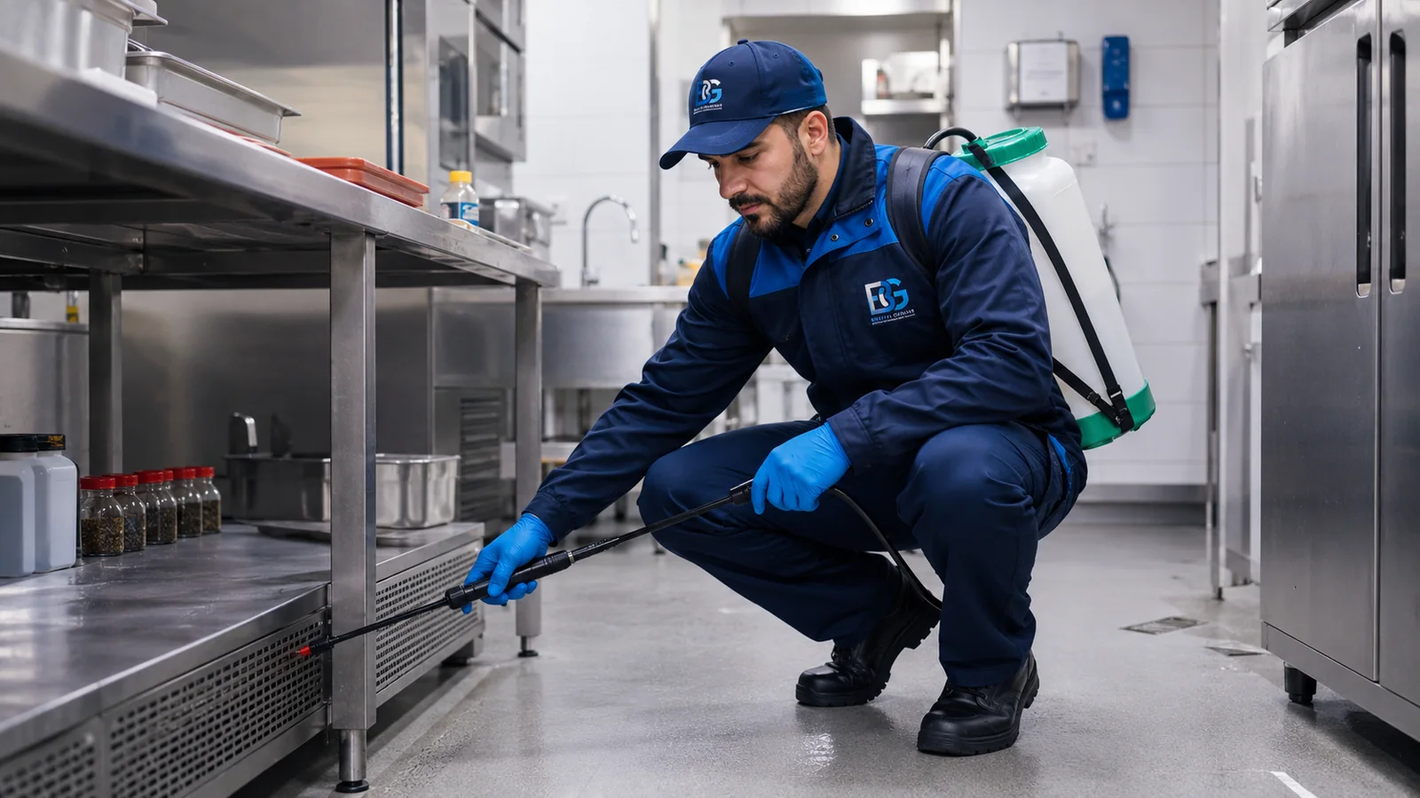 Technicien BRATIZ GROUPE réalisant un traitement préventif dans une cuisine professionnelle