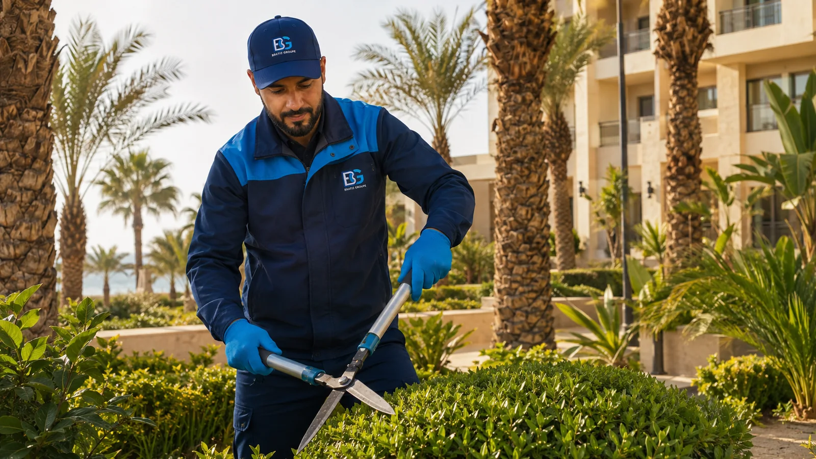 Jardinier BRATIZ GROUPE entretenant les haies et espaces verts
